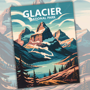 Custom Glacier National Park Lake Retro WPA Travel Postcard