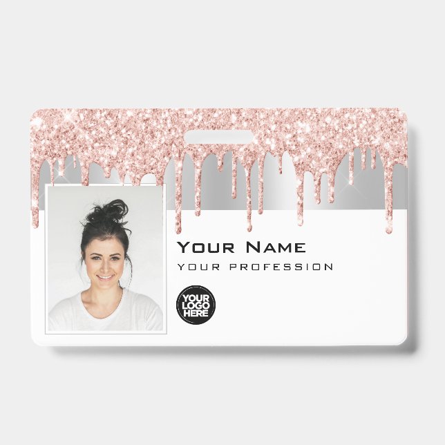 Custom Glam Employee Photo, Bar Code, Logo, Name ID Badge (Front)