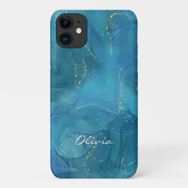 Custom Glamourous Gold Sparkle Blue Marble Case-Mate iPhone Case (Back)