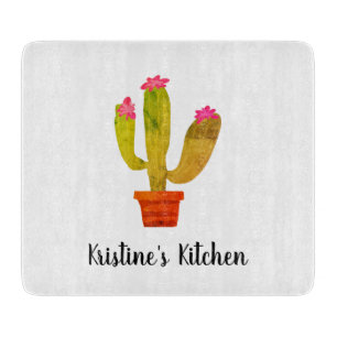 Custom glass cutting board with cute cactus plant