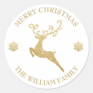 Custom Glitter Gold Reindeer Merry Christmas Classic Round Sticker