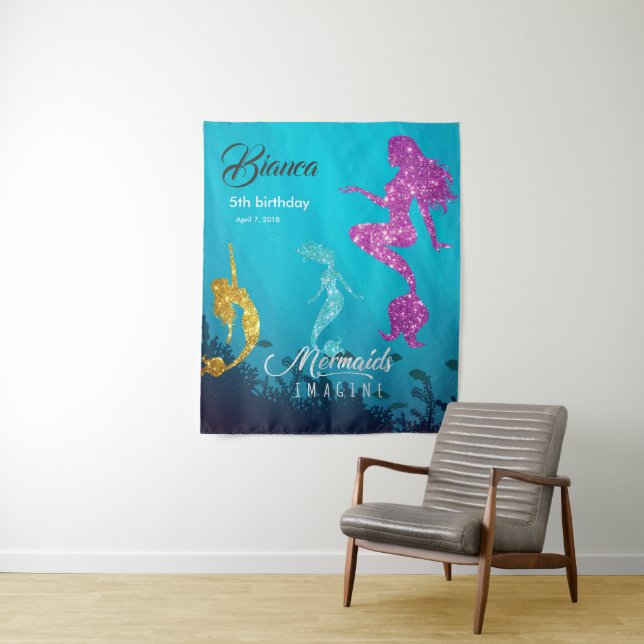 Custom Glittery Mermaid Birthday Backdrop Tapestry (In Situ)