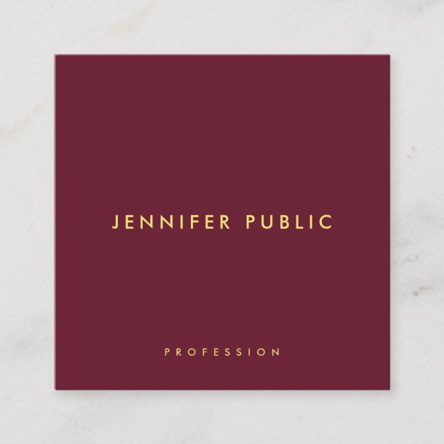 Custom Glossy Luxury Burgundy Red Gold Text Square Business Card (Front)