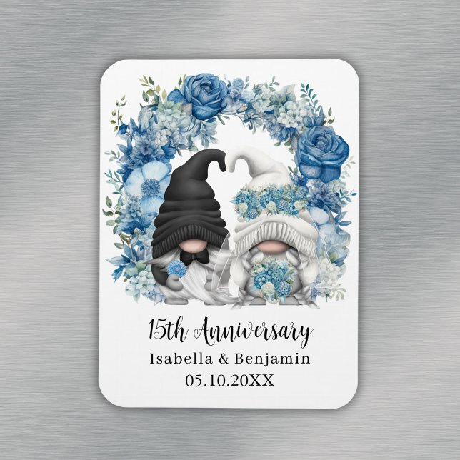 Custom Gnome Blue Flowers 15th Wedding Anniversary Magnet (Custom Gnome Blue Flowers 15th Wedding Anniversary Magnet
)