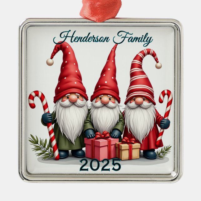 Custom Gnome Family Of Three Metal Ornament (Front)