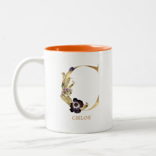 Custom Gold Alphabet C Monogram   Autumn Floral Two-Tone Coffee Mug