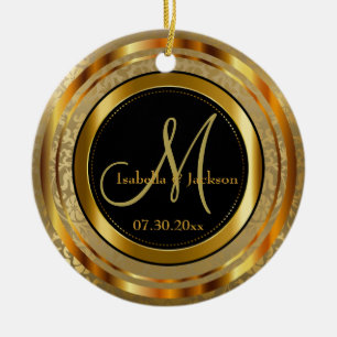 Custom Gold and Black Wedding or Anniversary Ceramic Ornament