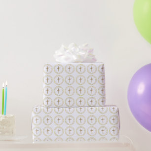 Custom Gold and White Religious Cross and Crown Wrapping Paper