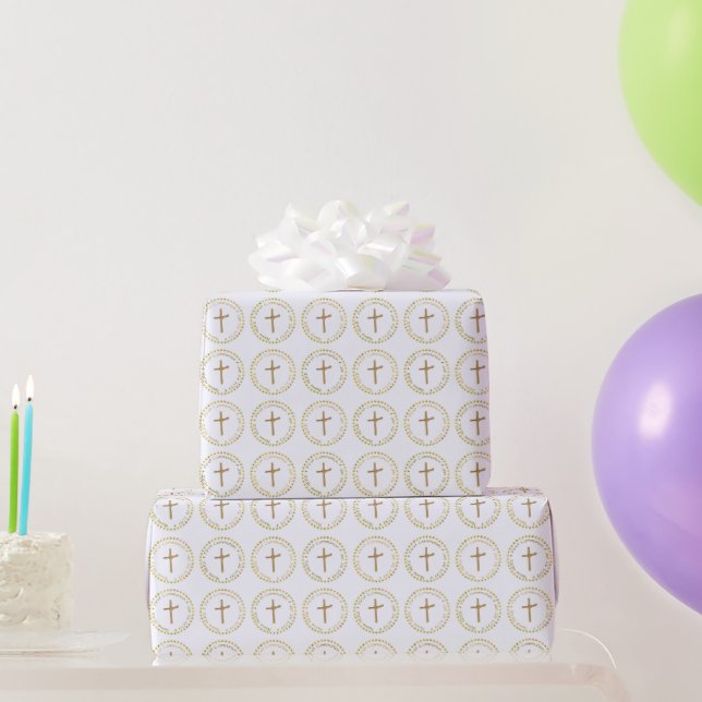 Custom Gold and White Religious Cross and Crown Wrapping Paper (Party Gifts)