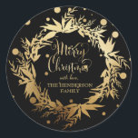 Custom Gold Black Christmas Eucalyptus Wreath Classic Round Sticker<br><div class="desc">Here's a lovely choice to label your Christmas gifts, goodies, envelopes or anyplace else you might want to send greetings this Christmas holiday season. This design features a gorgeous wreath of eucalyptus sprigs, leaves, and foliage with berries in faux gold foil. Inside the wreath are the words "Merry Christmas" in...</div>