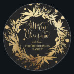 Custom Gold Black Christmas Eucalyptus Wreath Classic Round Sticker<br><div class="desc">Here's a lovely choice to label your Christmas gifts, goodies, envelopes or anyplace else you might want to send greetings this Christmas holiday season. This design features a gorgeous wreath of eucalyptus sprigs, leaves, and foliage with berries in faux gold foil. Inside the wreath are the words "Merry Christmas" in...</div>