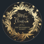Custom Gold Black Christmas Eucalyptus Wreath Classic Round Sticker<br><div class="desc">Here's a lovely choice to label your Christmas gifts, goodies, envelopes or anyplace else you might want to send greetings this Christmas holiday season. This design features a gorgeous wreath of eucalyptus sprigs, leaves, and foliage with berries in faux gold foil. Inside the wreath are the words "Merry Christmas" in...</div>