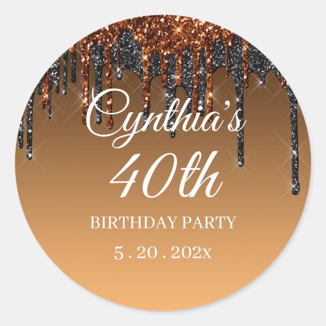 Custom Gold & Black Glitter Drip Happy Birthday Classic Round Sticker (Front)