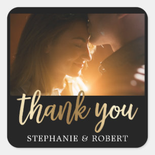 Custom Gold & Black Thank You Script Photo Square Sticker