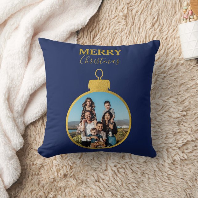 Custom Gold Blue 2 Photo Ornaments Christmas Cushion (Blanket)