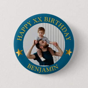  Custom Gold Blue Happy Birthday Photo and Age 6 Cm Round Badge