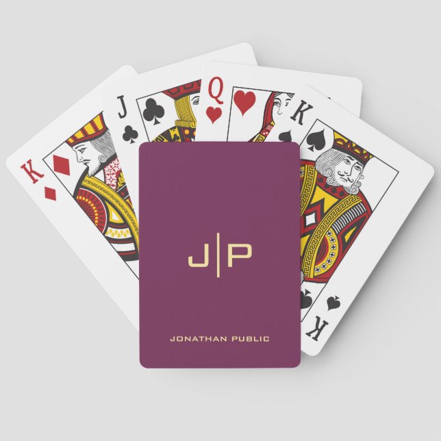 Custom Gold & Bordeaux Monogram Initial Name Playing Cards (Back)