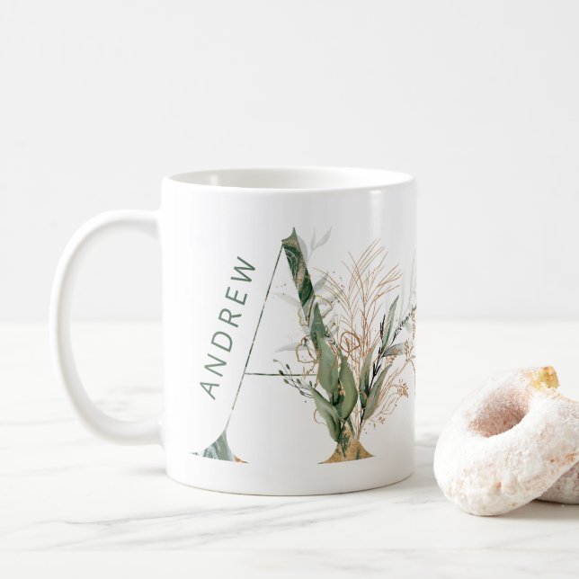 Custom Gold Botanical Eucalyptus Monogram "A" Coffee Mug (With Donut)