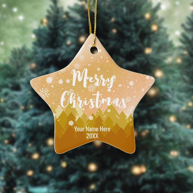Custom Gold Brown Snow Forest Christmas Star  Ceramic Ornament (Creator Uploaded)