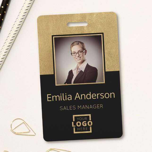 Custom Gold Business Logo Barcode Employee Photo ID Badge (Creator Uploaded)