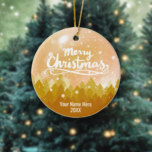 Custom Gold Crystal Snow & Forest Merry Christmas Ceramic Ornament