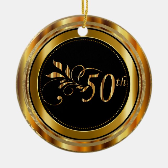 Custom Gold Damask 50th Wedding Anniversary Ceramic Ornament (Front)