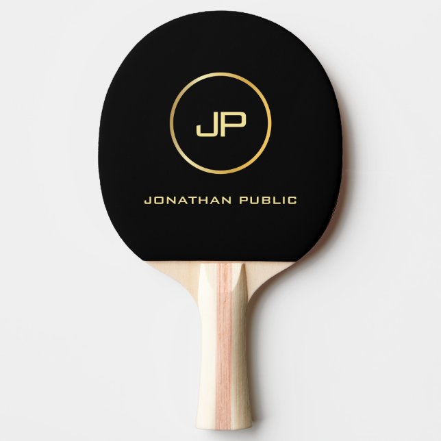 Custom Gold Elegant Black Template Monogram Ping Pong Paddle (Front)