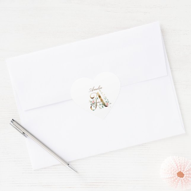 Custom Gold Floral Letter A Heart Envelope Seal (Envelope)