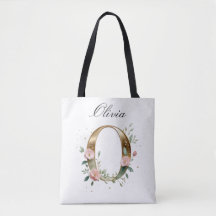 Custom Gold Floral Letter O All-Over Print Tote