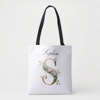 Custom Gold Floral Letter S All-Over Print Tote Bag