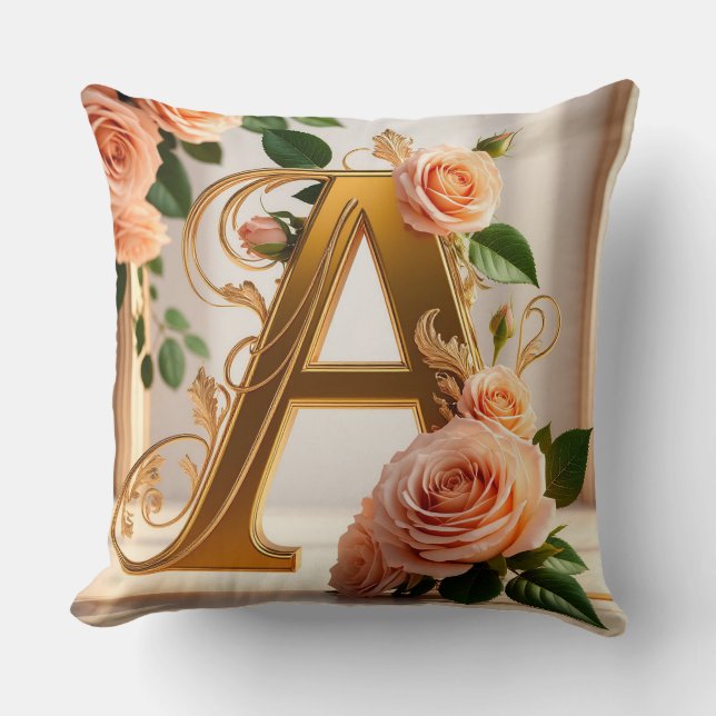 🌸 Custom Gold Floral Monogram Letter A Gift 🎀 Cushion (Front)