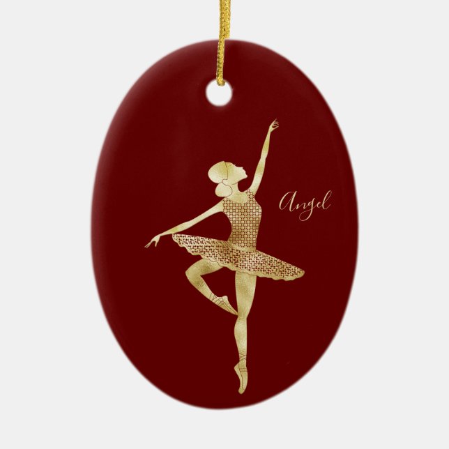 Custom Gold Foil Ballerina Dance Dark Red Ceramic Ornament (Front)