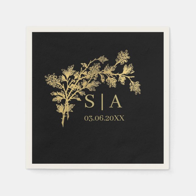 Custom Gold Foil Luxury Botanical Monogram Modern Napkin (Front)