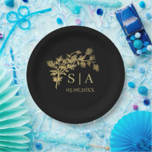 Custom Gold Foil Luxury Botanical Monogram Modern  Paper Plate