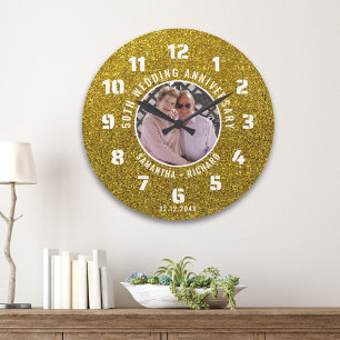 Custom Gold Glitter 50th Wedding Anniversary Photo Large Clock