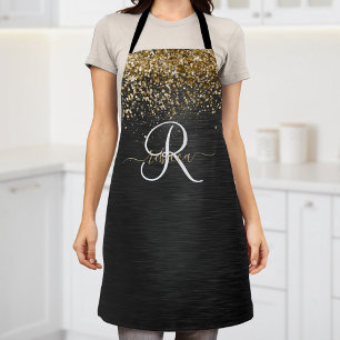 Custom Gold Glitter Black Sparkle Monogram Apron