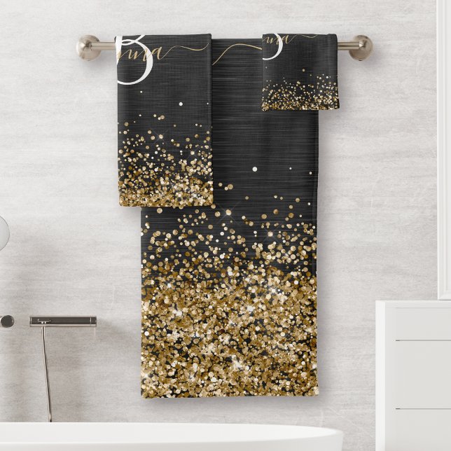 Custom Gold Glitter Black Sparkle Monogram Bath Towel Set (Creator Uploaded)