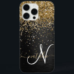 Custom Gold Glitter Black Sparkle Monogram iPhone 16 Pro Max Case<br><div class="desc">Easily personalise this trendy elegant phone case design featuring pretty gold sparkling glitter on a black brushed metallic background.</div>