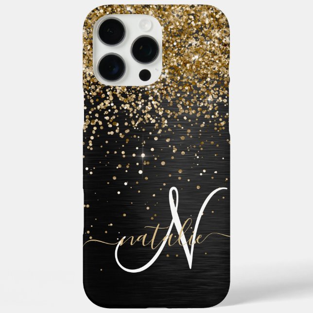 Custom Gold Glitter Black Sparkle Monogram Case-Mate iPhone Case (Back)