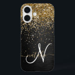 Custom Gold Glitter Black Sparkle Monogram iPhone 16 Case<br><div class="desc">Easily personalise this trendy elegant phone case design featuring pretty gold sparkling glitter on a black brushed metallic background.</div>