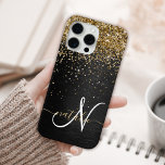 Custom Gold Glitter Black Sparkle Monogram iPhone 15 Pro Max Case<br><div class="desc">Easily personalise this trendy elegant phone case design featuring pretty gold sparkling glitter on a black brushed metallic background.</div>