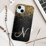 Custom Gold Glitter Black Sparkle Monogram iPhone 15 Case<br><div class="desc">Easily personalise this trendy elegant phone case design featuring pretty gold sparkling glitter on a black brushed metallic background.</div>