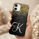 Custom Gold Glitter Black Sparkle Monogram Case-Mate iPhone 14 Case<br><div class="desc">Easily personalise this trendy elegant phone case design featuring pretty gold sparkling glitter on a black brushed metallic background.</div>