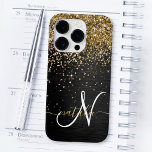 Custom Gold Glitter Black Sparkle Monogram Case-Mate iPhone 14 Pro Case<br><div class="desc">Easily personalise this trendy elegant phone case design featuring pretty gold sparkling glitter on a black brushed metallic background.</div>