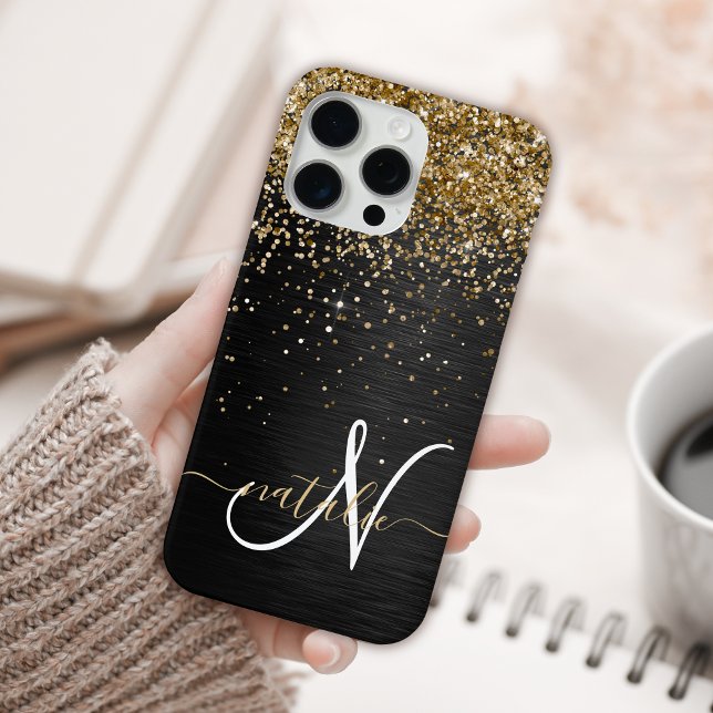 Custom Gold Glitter Black Sparkle Monogram Case-Mate iPhone Case (Creator Uploaded)