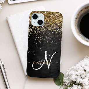 Custom Gold Glitter Black Sparkle Monogram iPhone 15 Mini Case