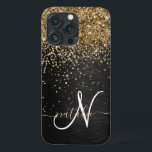 Custom Gold Glitter Black Sparkle Monogram iPhone 13 Pro Case<br><div class="desc">Easily personalise this trendy elegant phone case design featuring pretty gold sparkling glitter on a black brushed metallic background.</div>