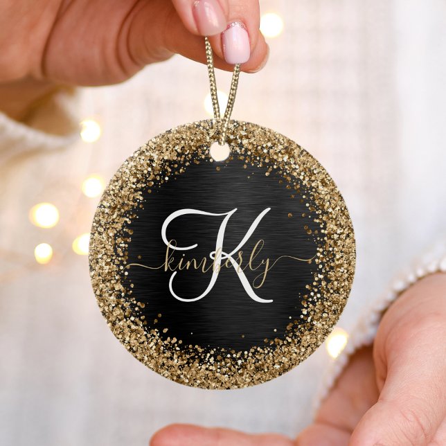 Custom Gold Glitter Black Sparkle Monogram Ceramic Ornament (Creator Uploaded)
