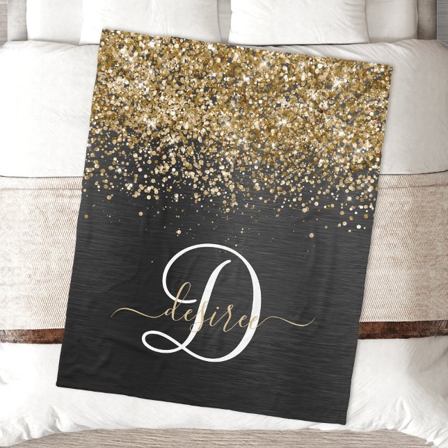 Custom Gold Glitter Black Sparkle Monogram Fleece Blanket (Creator Uploaded)