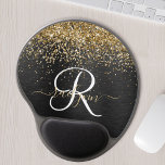 Custom Gold Glitter Black Sparkle Monogram Gel Mouse Pad<br><div class="desc">Easily personalise this trendy elegant gel mouse pad design featuring pretty gold sparkling glitter on a black brushed metallic background.</div>